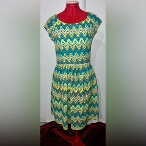 Ronni Nicole Women's Chevron Print Fit-and-Flare Dress in Green & Yellow Med